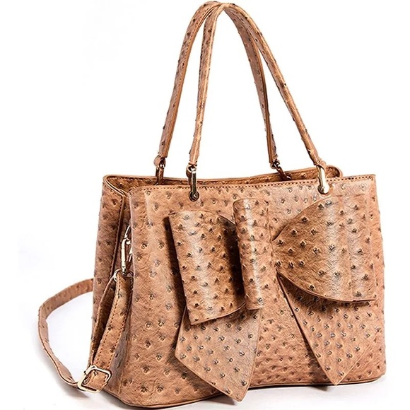 NEW!!! 3D Bow Vegan Leather 3-Way Wear Ostrich Beige Satchel, Crossbody Shoulder - Picture 9 of 13